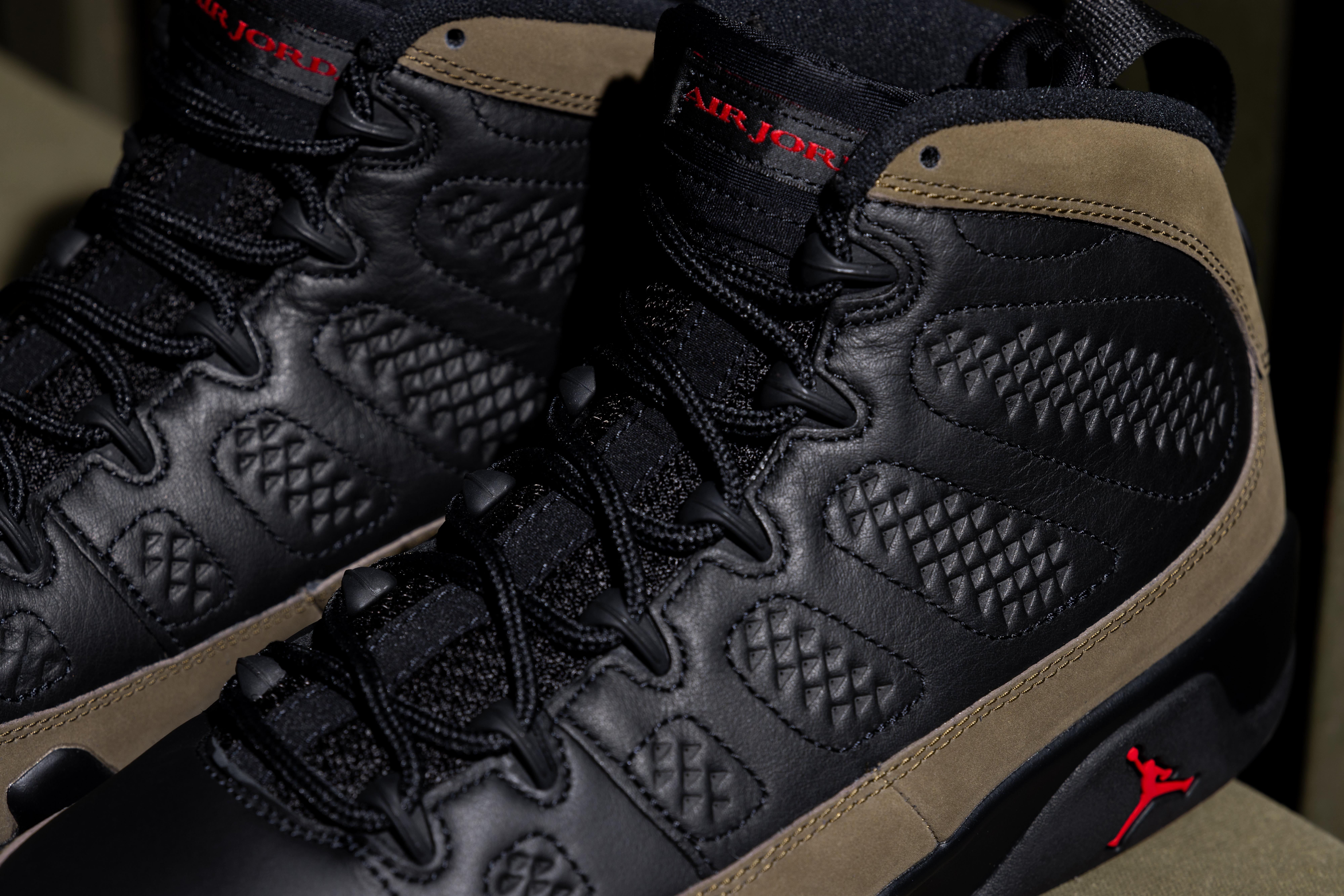 Jordan 9 Retro "Olive" Lace Close Up